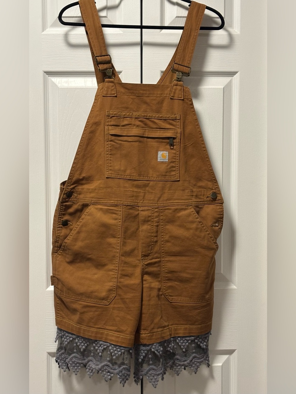 Carhartt Women's Tan Short Overalls with custom grey lace added for length.